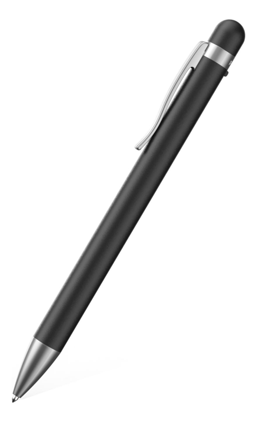 Stylet noir avec clip et pointe argentés. Le dessus a une pointe en caoutchouc.
