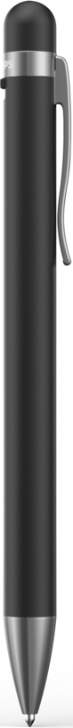 Un stylo noir avec un clip argenté, sur fond blanc.