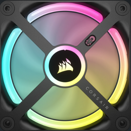 Ventola Corsair per PC con illuminazione RGB e cornice nera.