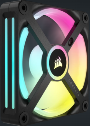 Una ventola per computer nera con illuminazione RGB, che mostra un logo Corsair.