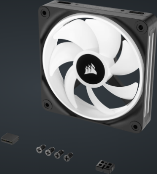 Ventola per computer nera con pale bianche e cornice nera su superficie scura.