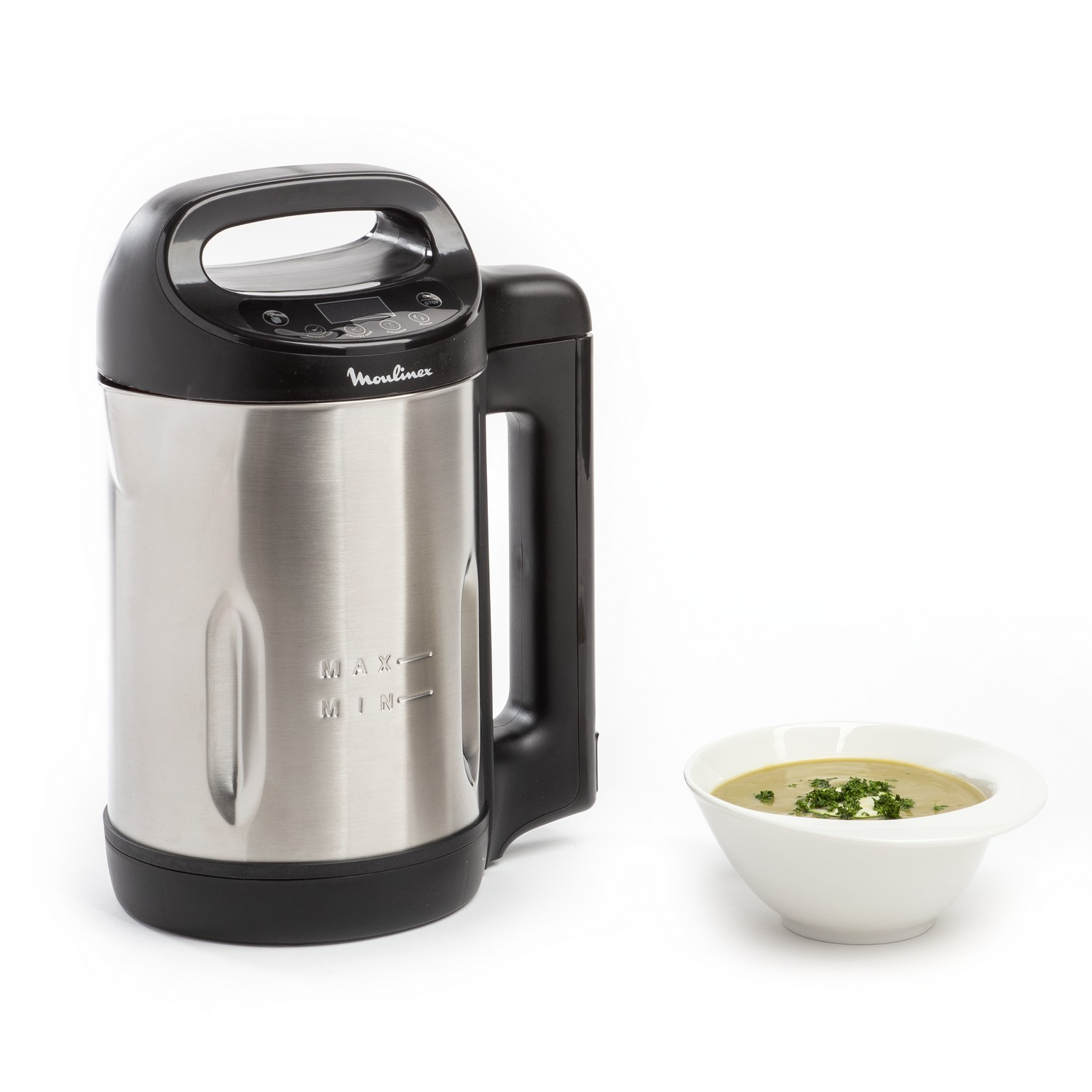 A stainless steel soup maker with a soup bowl on a white background.