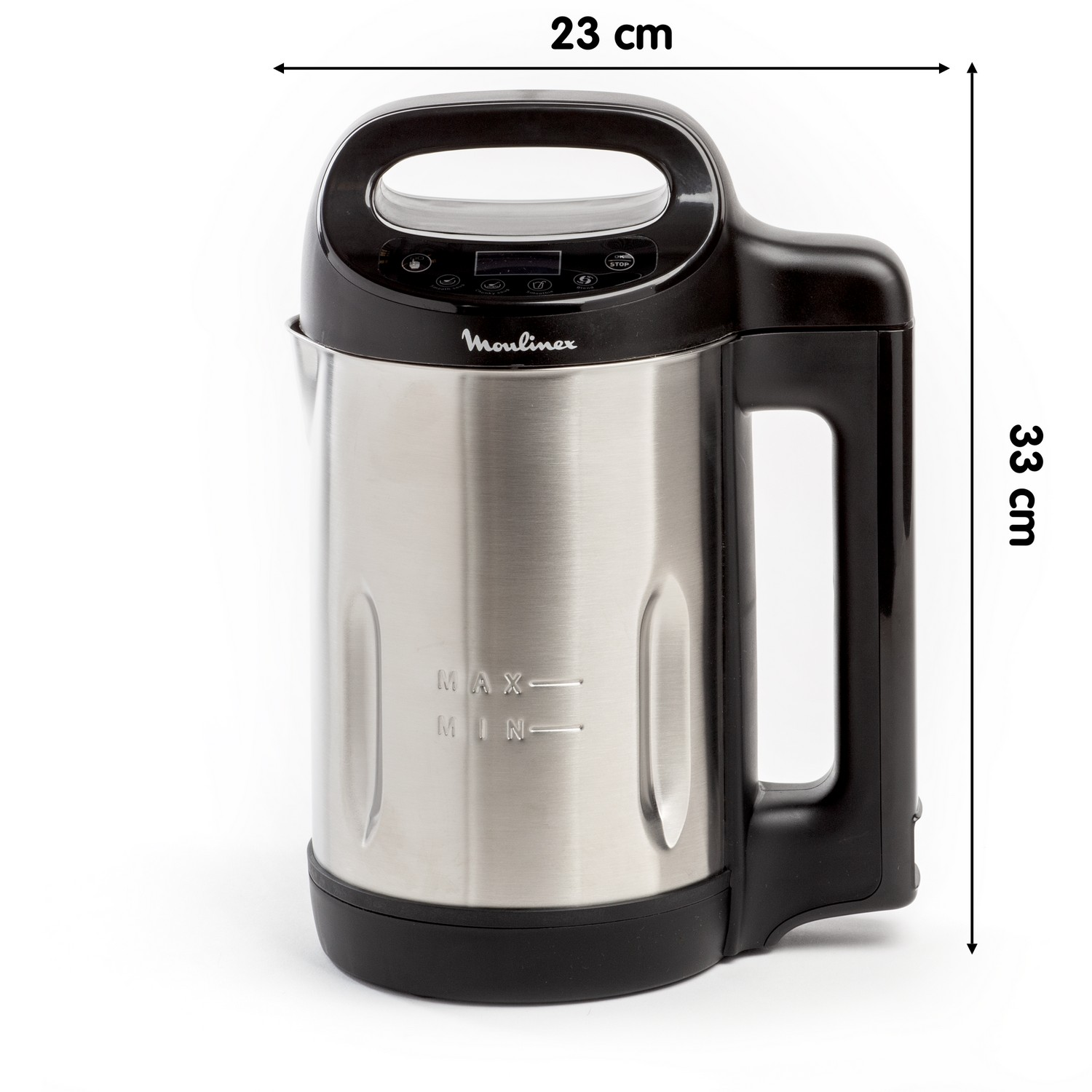 Stainless steel and black soup maker with dimensions shown, white background.