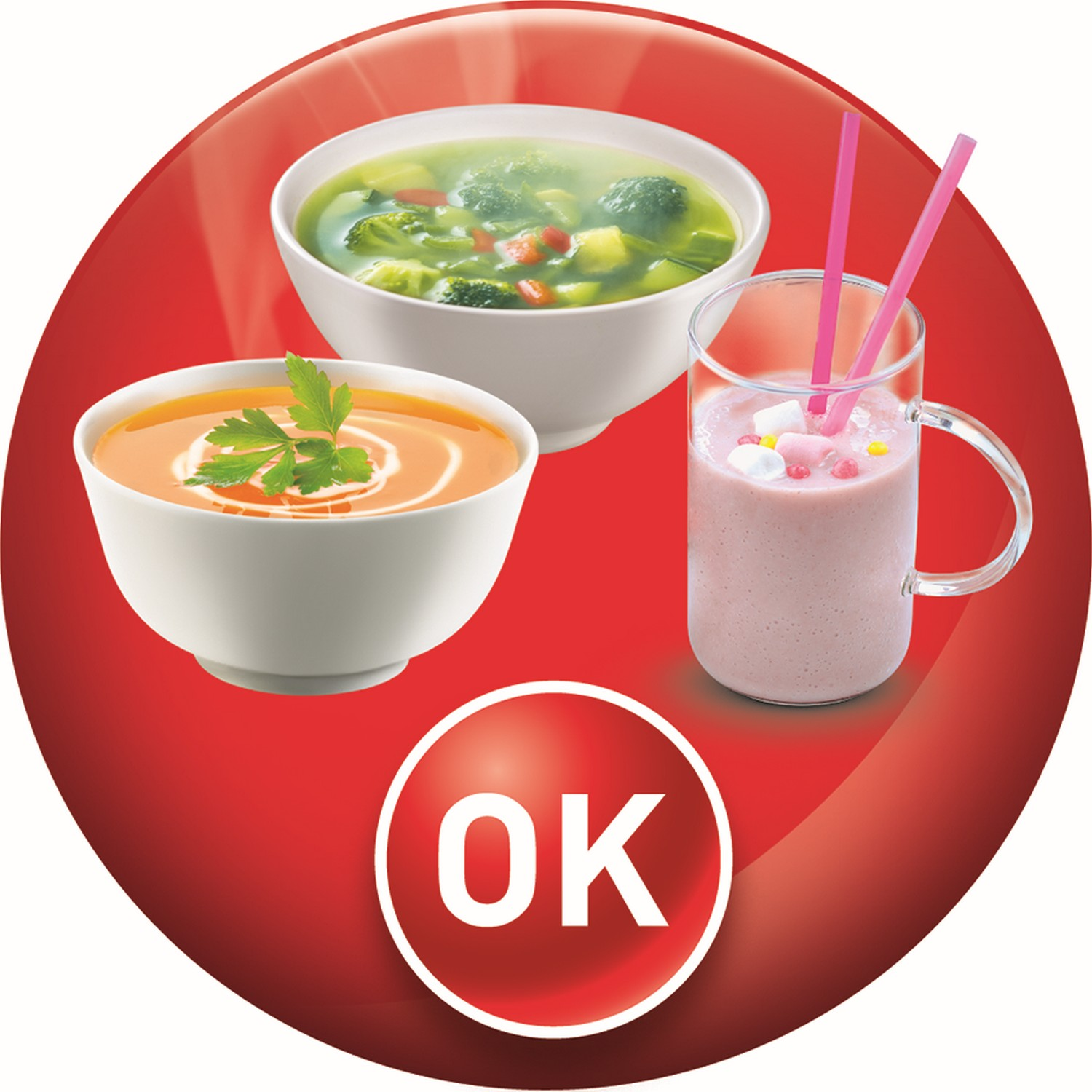 Three dishes on a red background. Two bowls of soup and a glass of pink smoothie with OK sign.