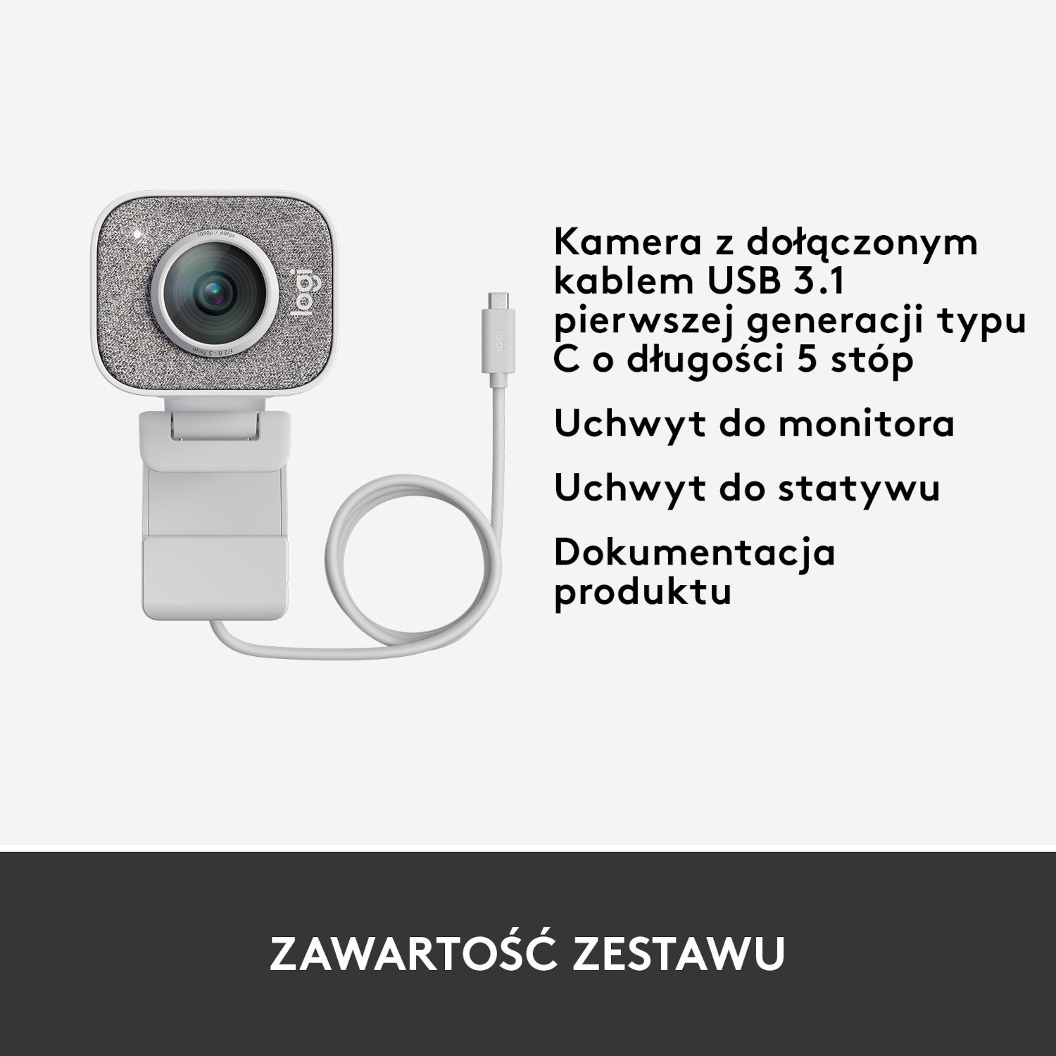 Kamera internetowa z kablem USB, uchwytem do monitora, statywu i dokumentacją produktu na białym tle.