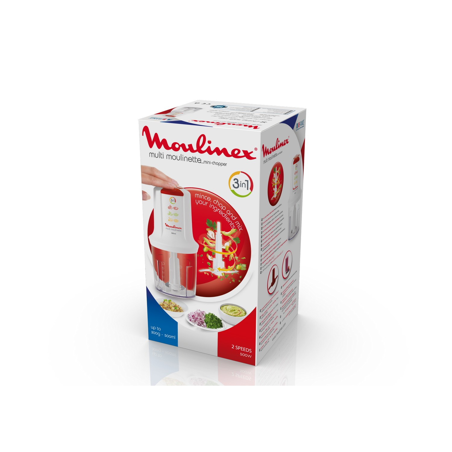 Boîte de mini-hachoir Moulinex, design blanc et rouge, montrant ingrédients.