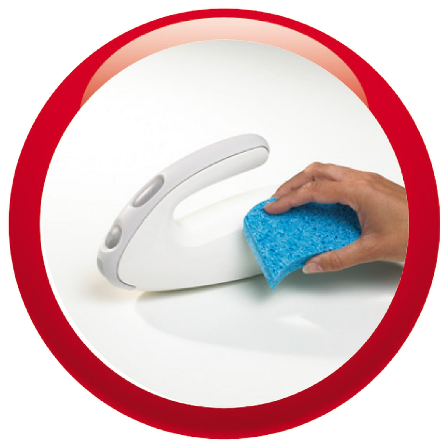 Hand holding a blue sponge over a white object. Red circle background.