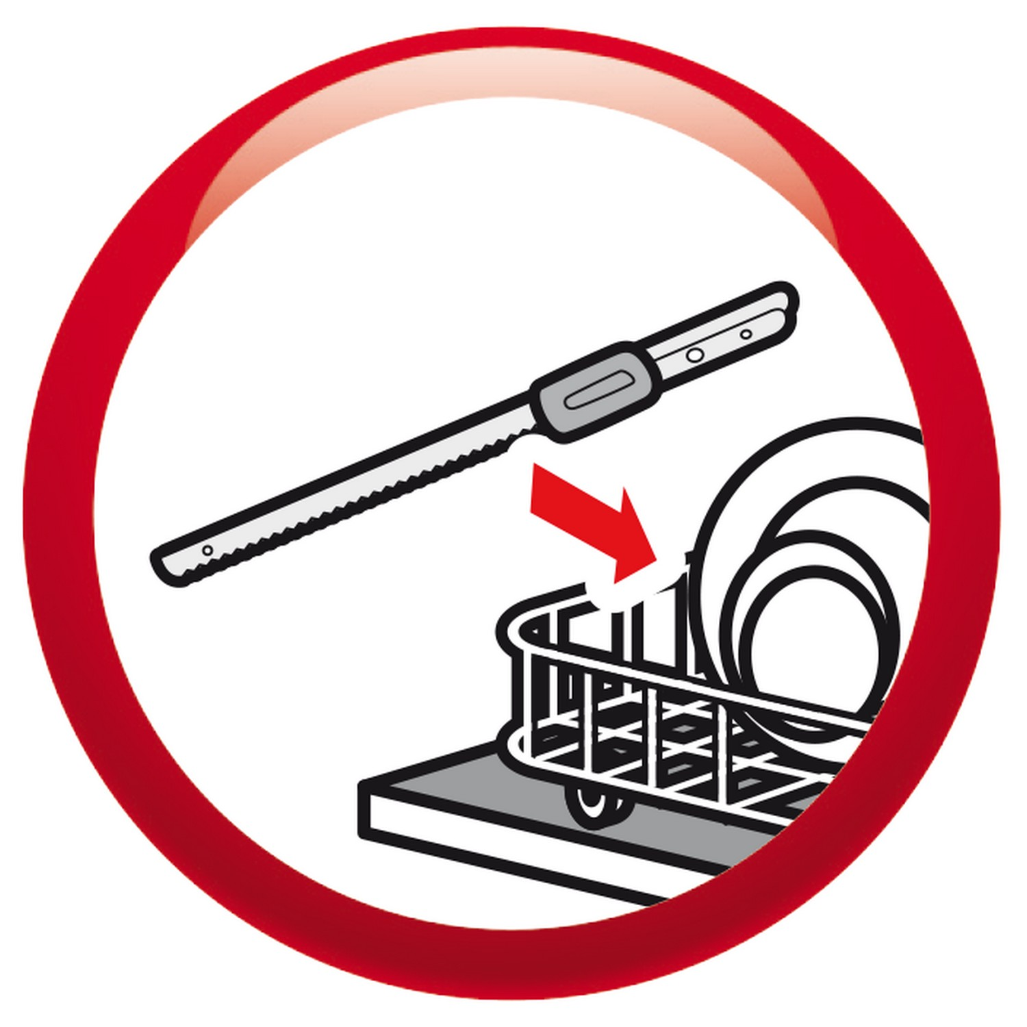 A cartoon shows a knife being placed into a dishwasher basket with plates. A red circle surrounds it.