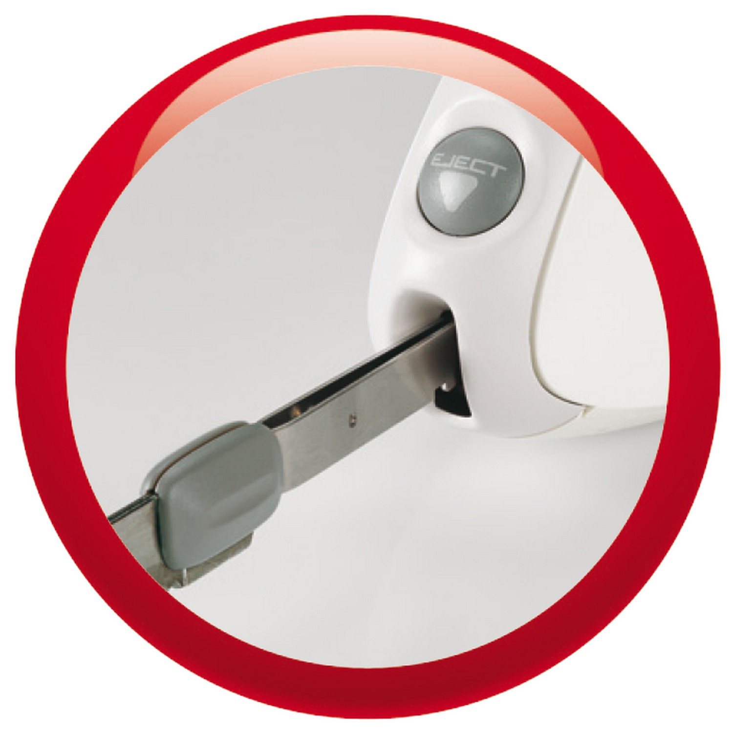 Close-up of a white and grey electric stapler. The word 'EJECT' is visible. A red circle frame surrounds it.