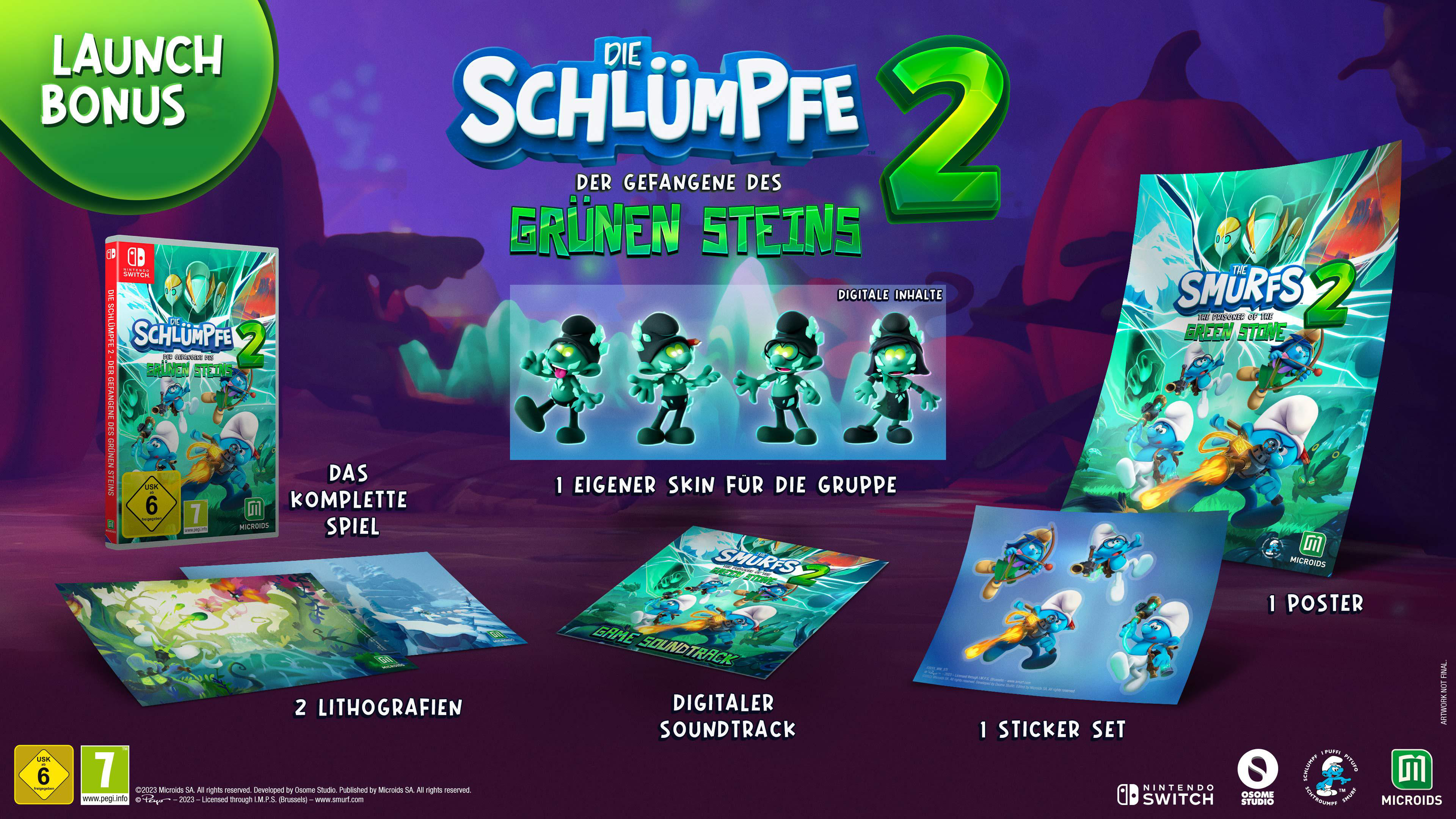Smurfs 2 Videospiel-Bundle für Nintendo Switch. Enthält Spielmodul, Aufkleber, Poster, digitale Inhalte.