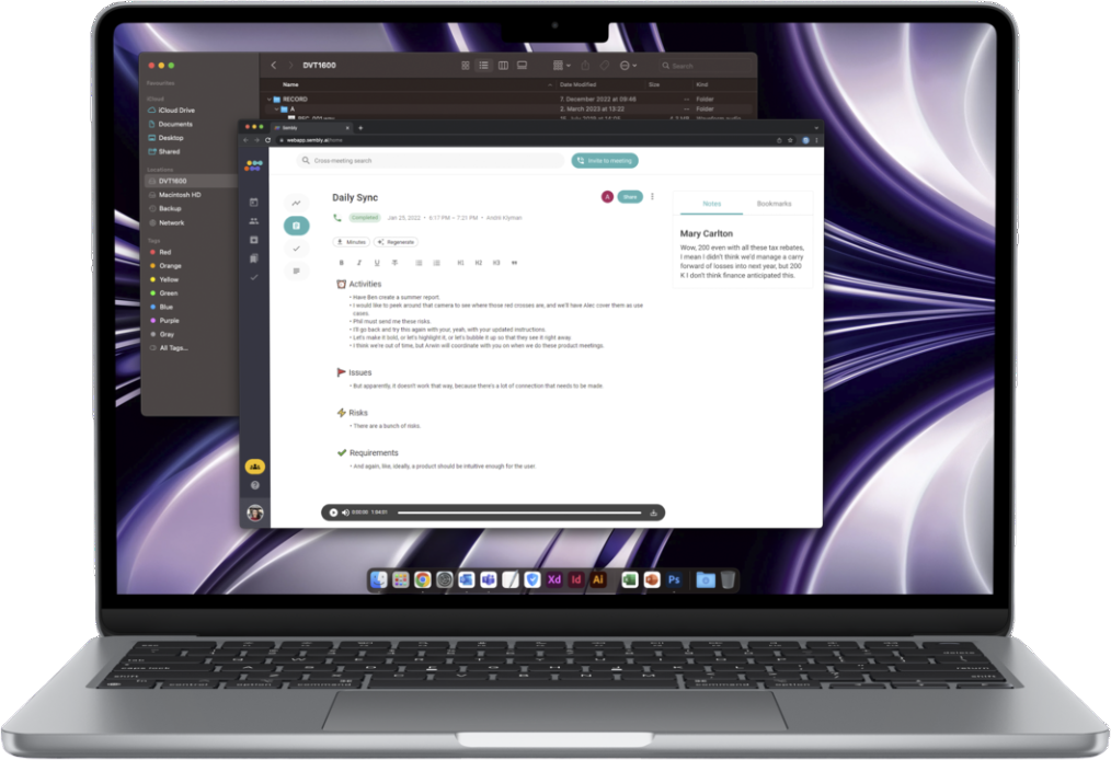 Écran d'ordinateur portable affichant une réunion de synchronisation quotidienne, avec des notes et un calendrier.