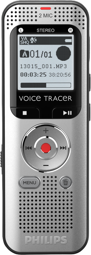 Un enregistreur vocal Philips Voice Tracer argenté avec écran et boutons.