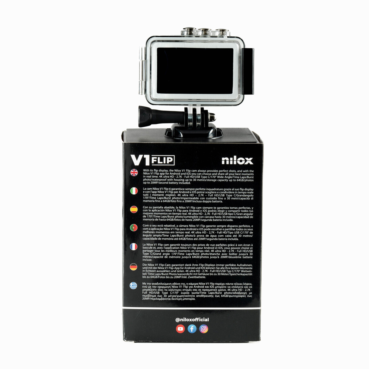 Fotocamera d'azione nera con custodia impermeabile e scatola con testo multilingue.