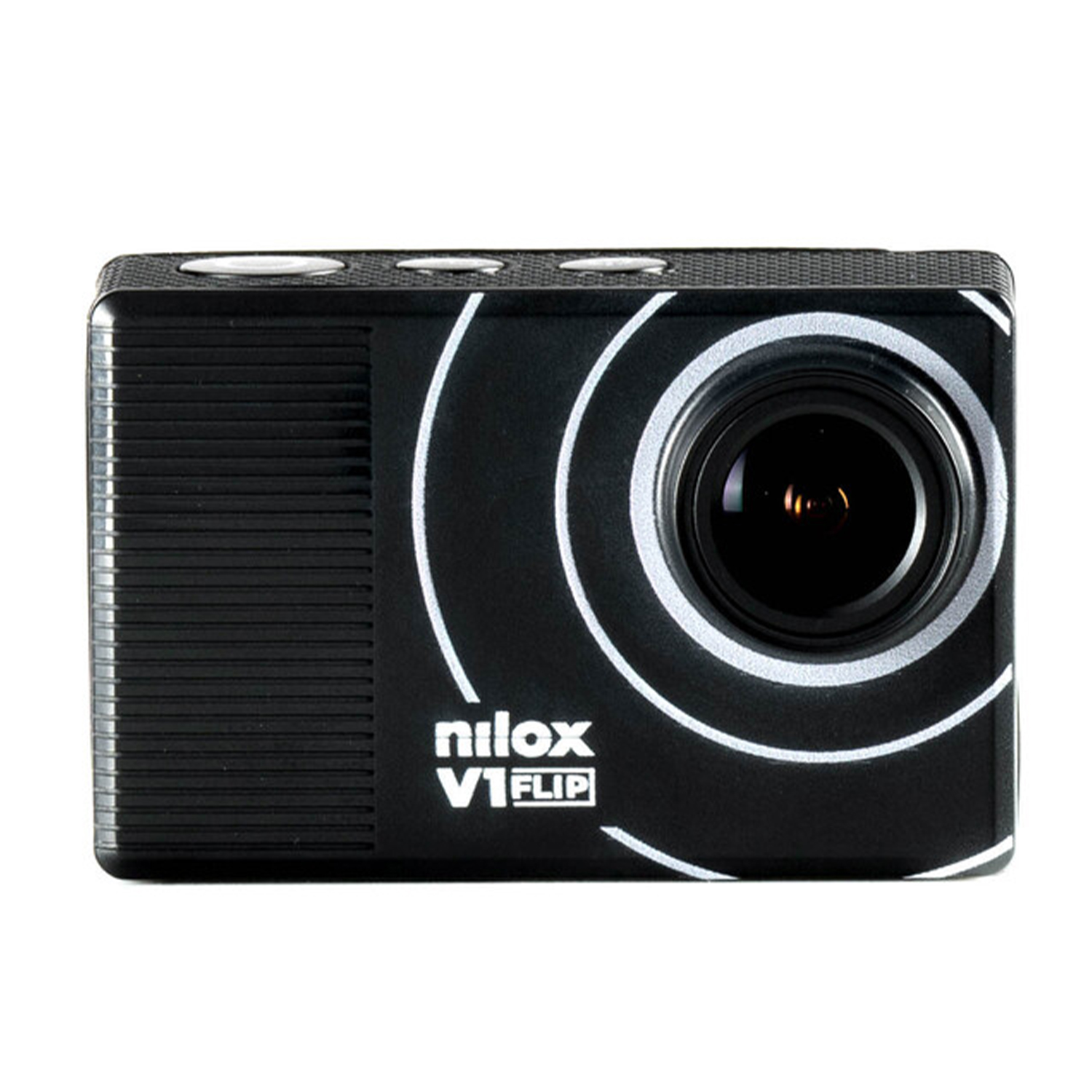 Fotocamera Nilox nera con obiettivo e design circolare bianco su sfondo bianco.