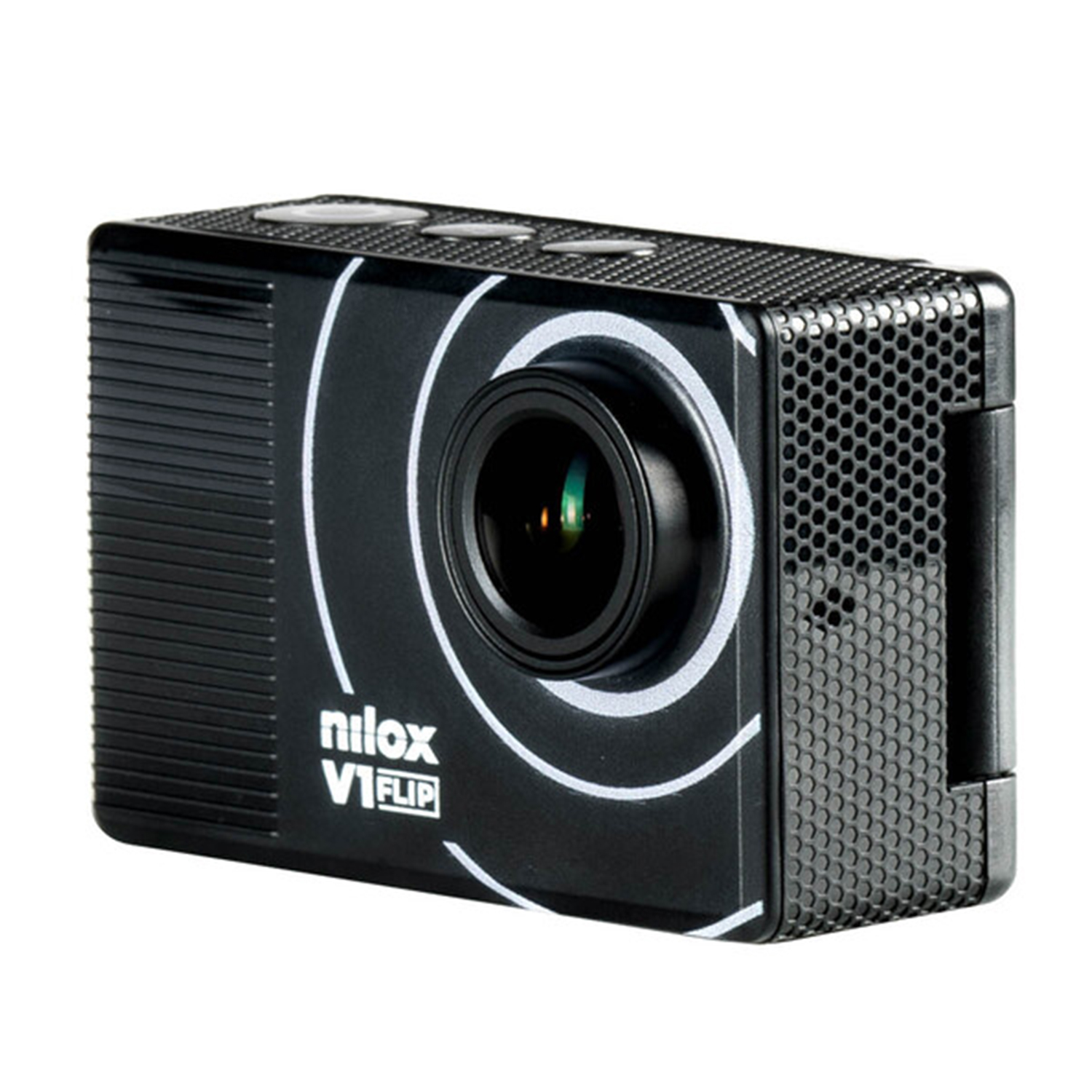 Una action camera Nilox V1 Flip nera con obiettivo e disegni circolari bianchi.