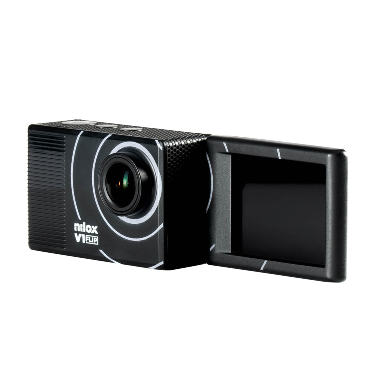 Videocamera nera con schermo aperto. Obiettivo e marchio sul davanti.