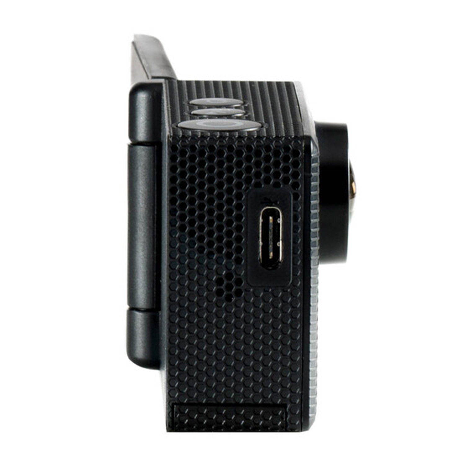 Action cam nera, vista laterale. Presenta pulsanti, obiettivo e porta.