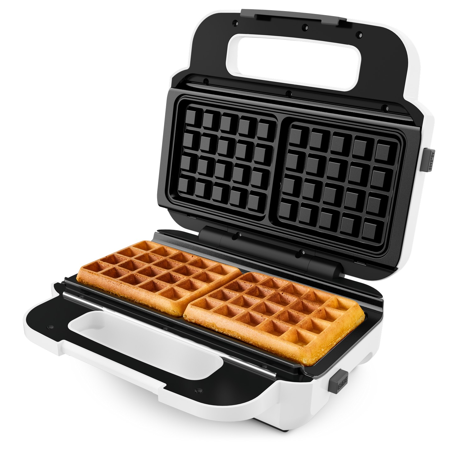 Open waffle iron with two golden-brown waffles inside, white and black design.