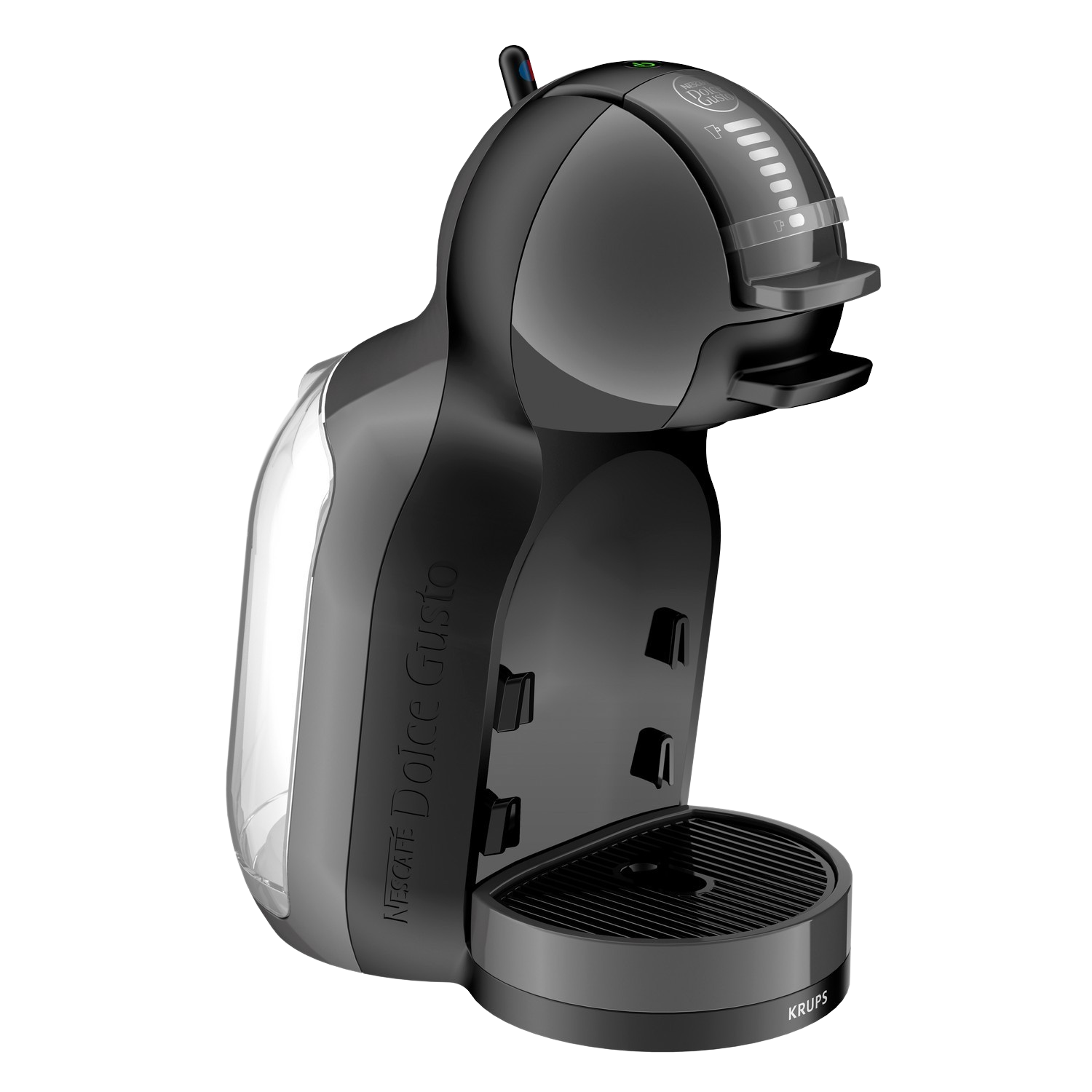 Black and gray Krups Dolce Gusto coffee machine. The machine is on a black background.