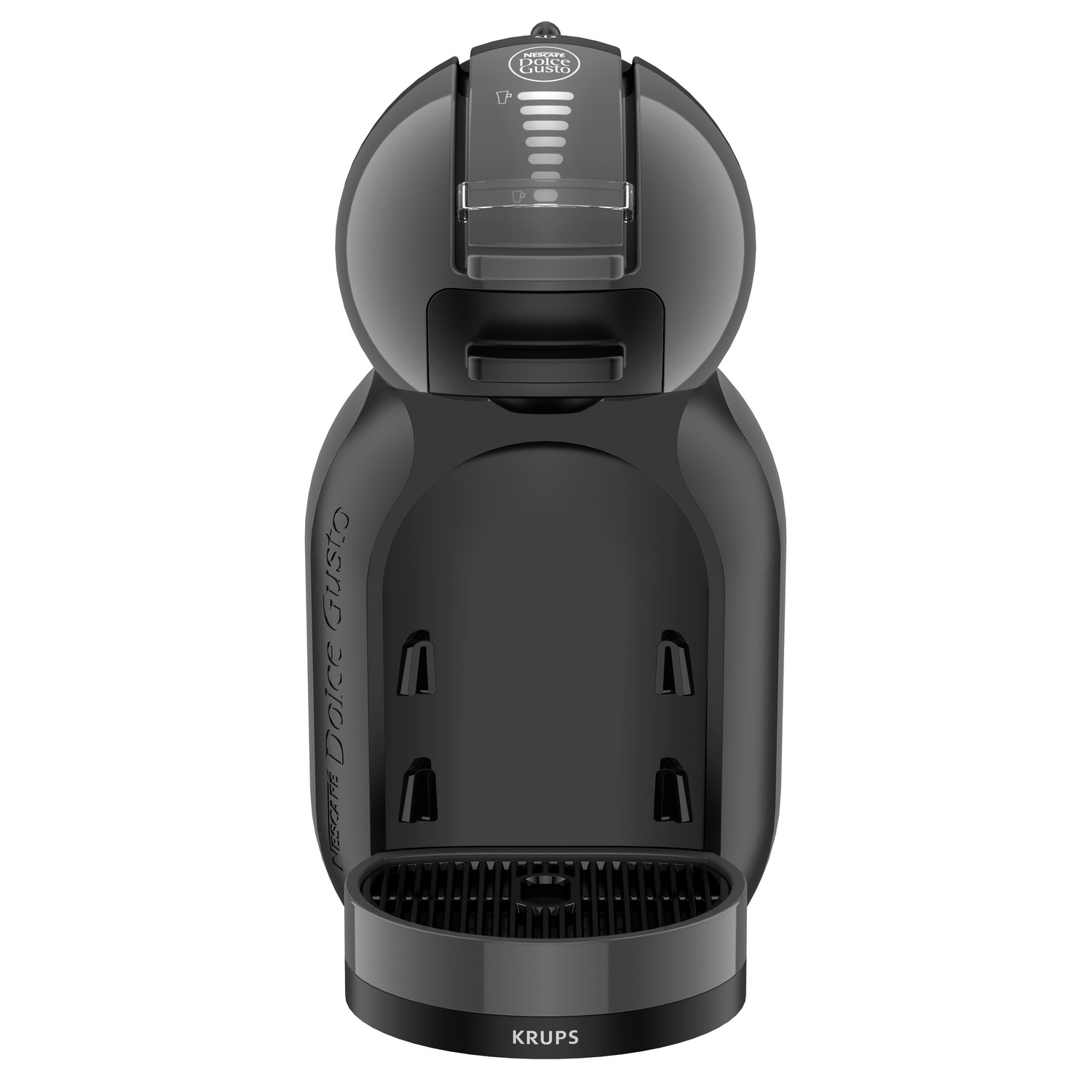 Black Krups Dolce Gusto coffee machine. Features a pod insertion area and a water reservoir.