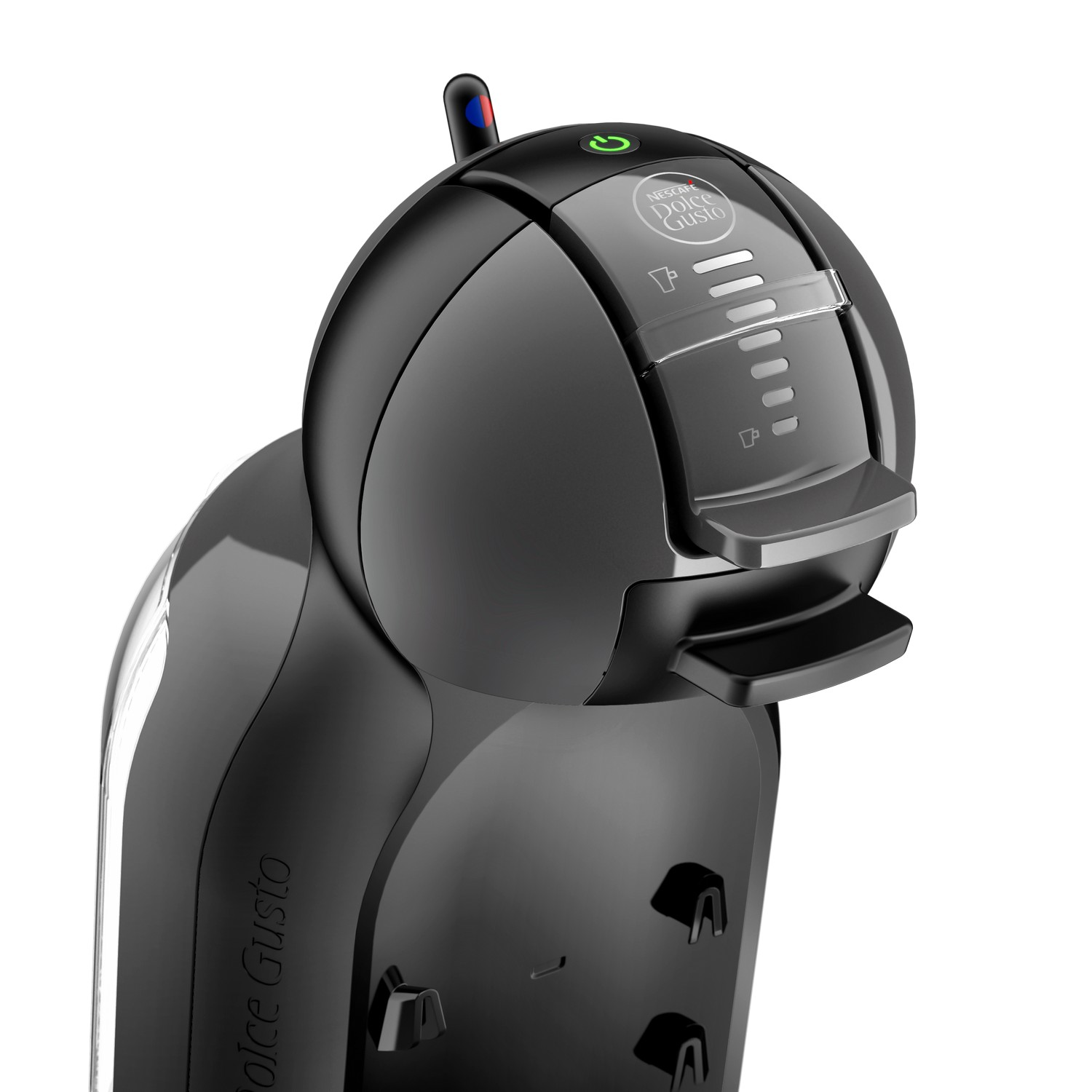 A black Dolce Gusto coffee machine, front view, with a power button.