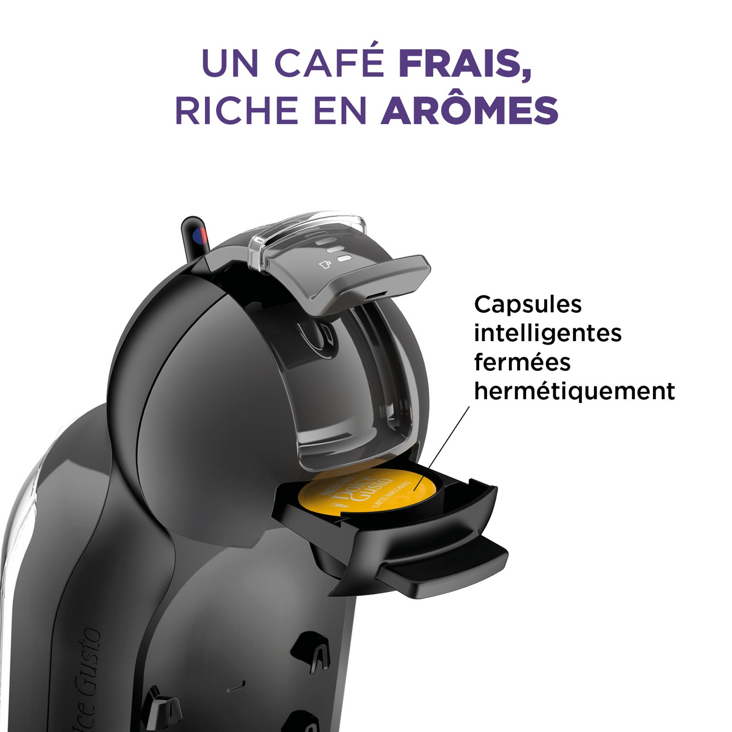Machine à café noire avec capsule jaune dans le tiroir. Texte : Un café frais, riche en arômes.