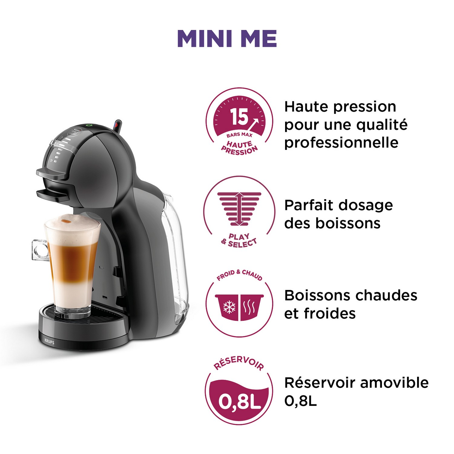 Une machine à café noire avec du texte et des icônes, présentant ses caractéristiques.
