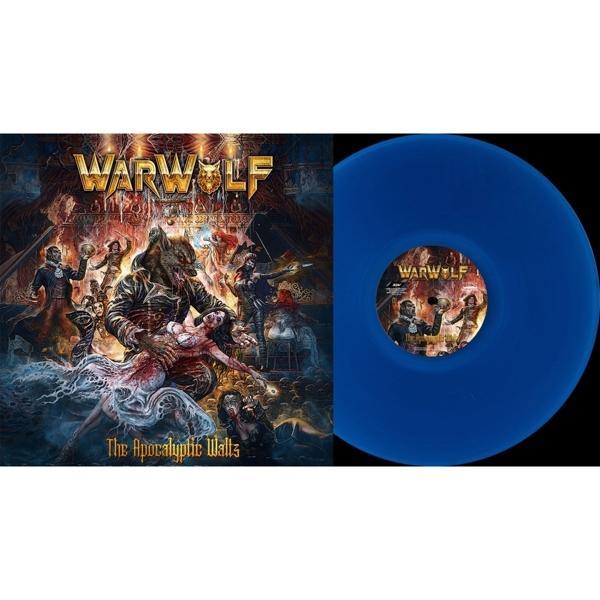 Blaue Vinyl-Schallplatte und Albumcover mit Band und apokalyptischer Szene.
