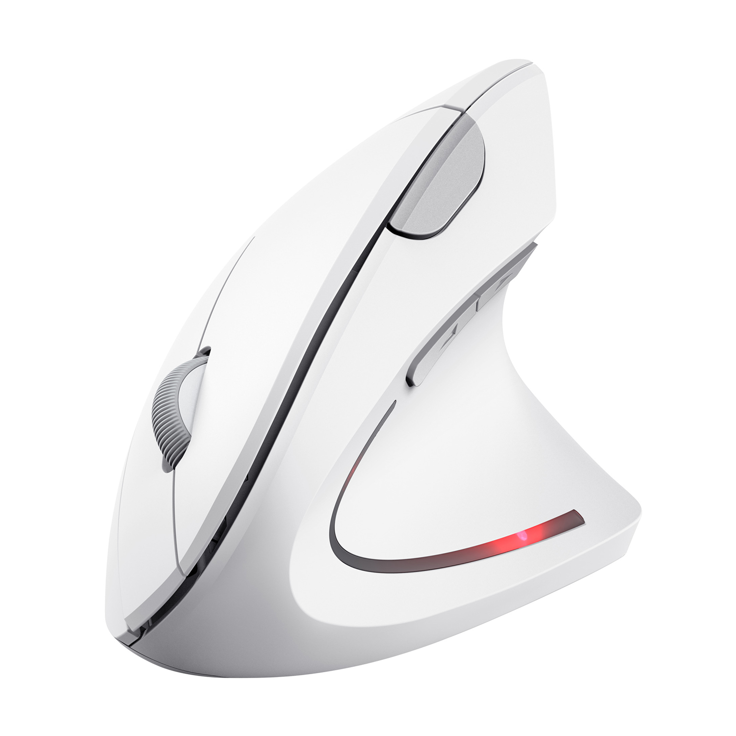 Mouse ergonomico bianco con rotella grigia e luce rossa alla base.