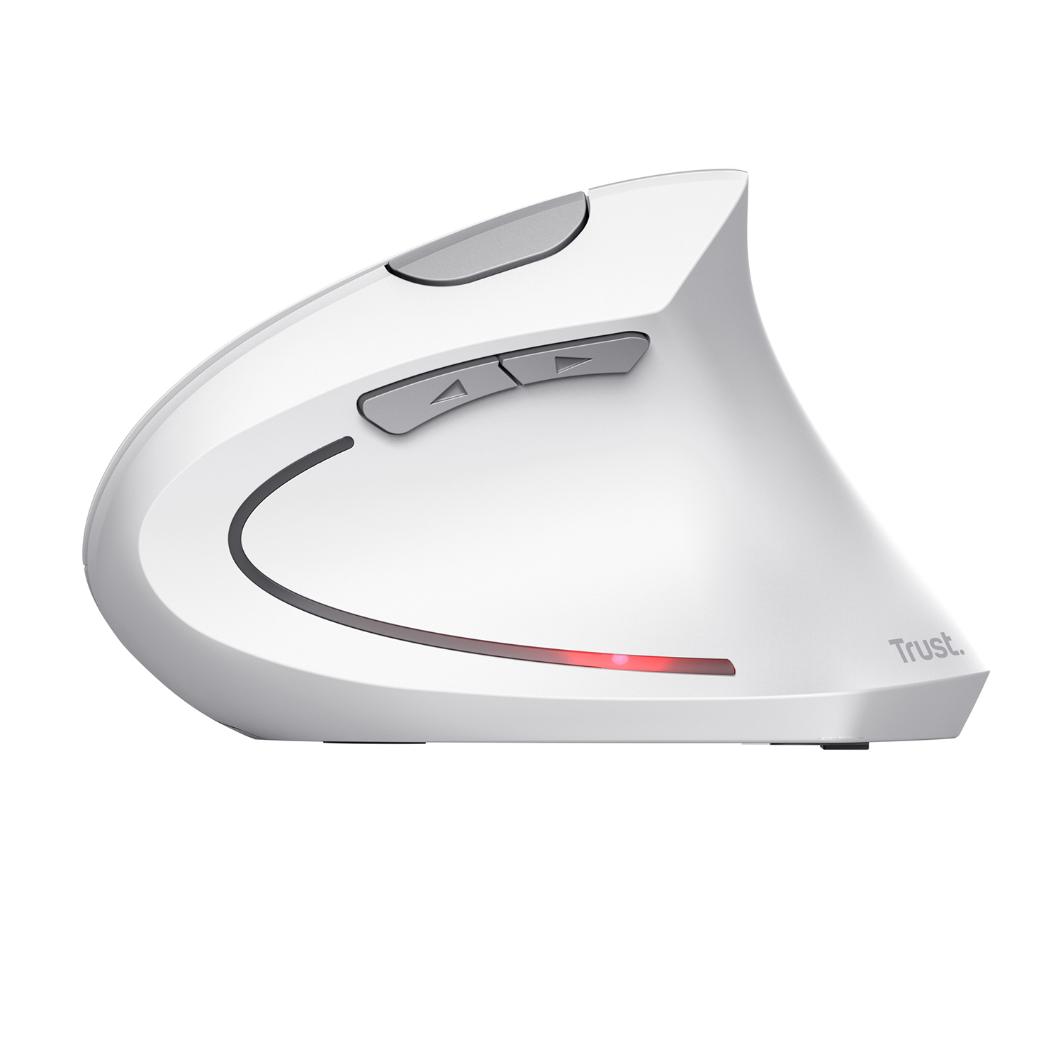 Mouse ergonomico bianco con pulsanti grigi. Luce rossa in basso.