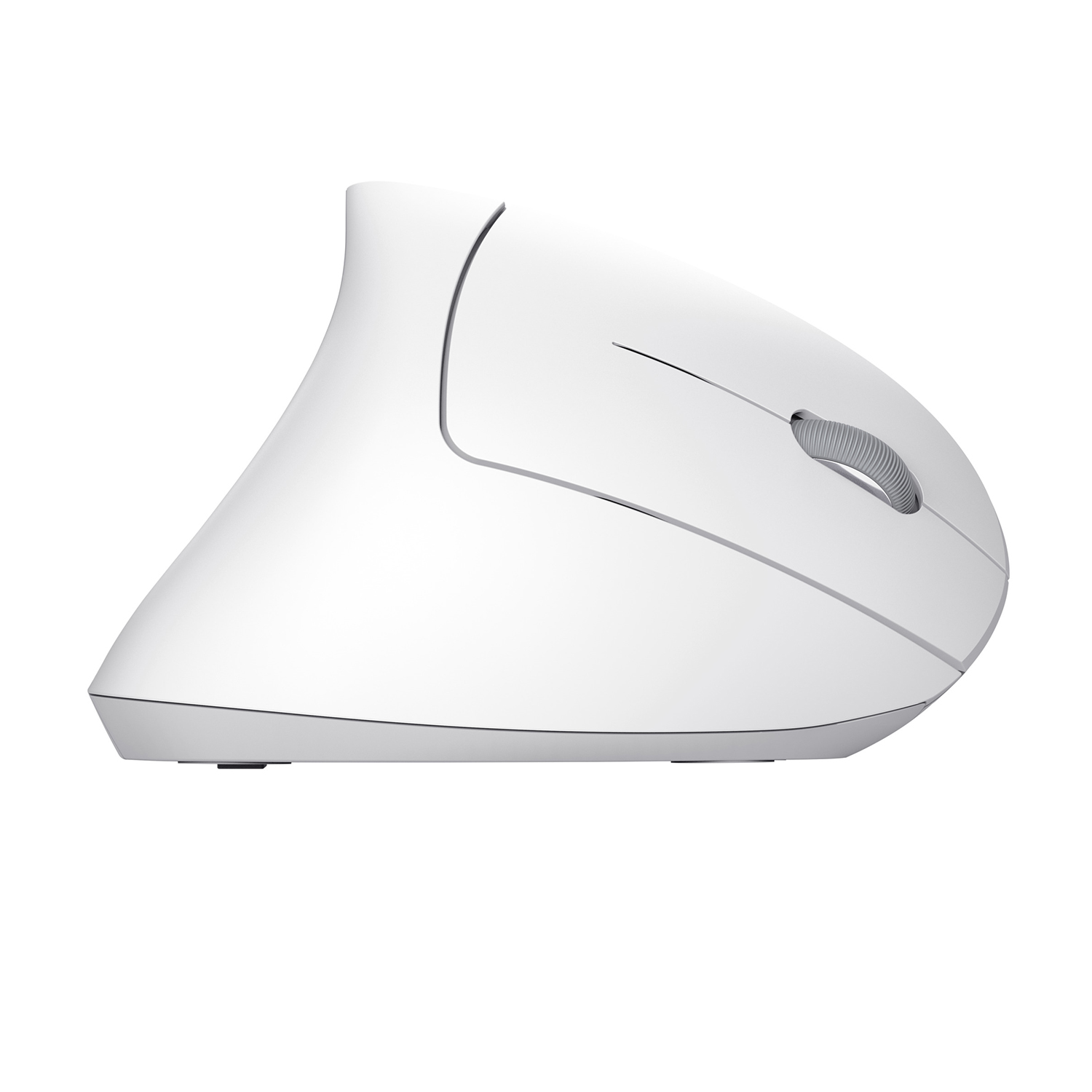 Mouse ergonomico bianco con design curvo, rotella e pulsanti.