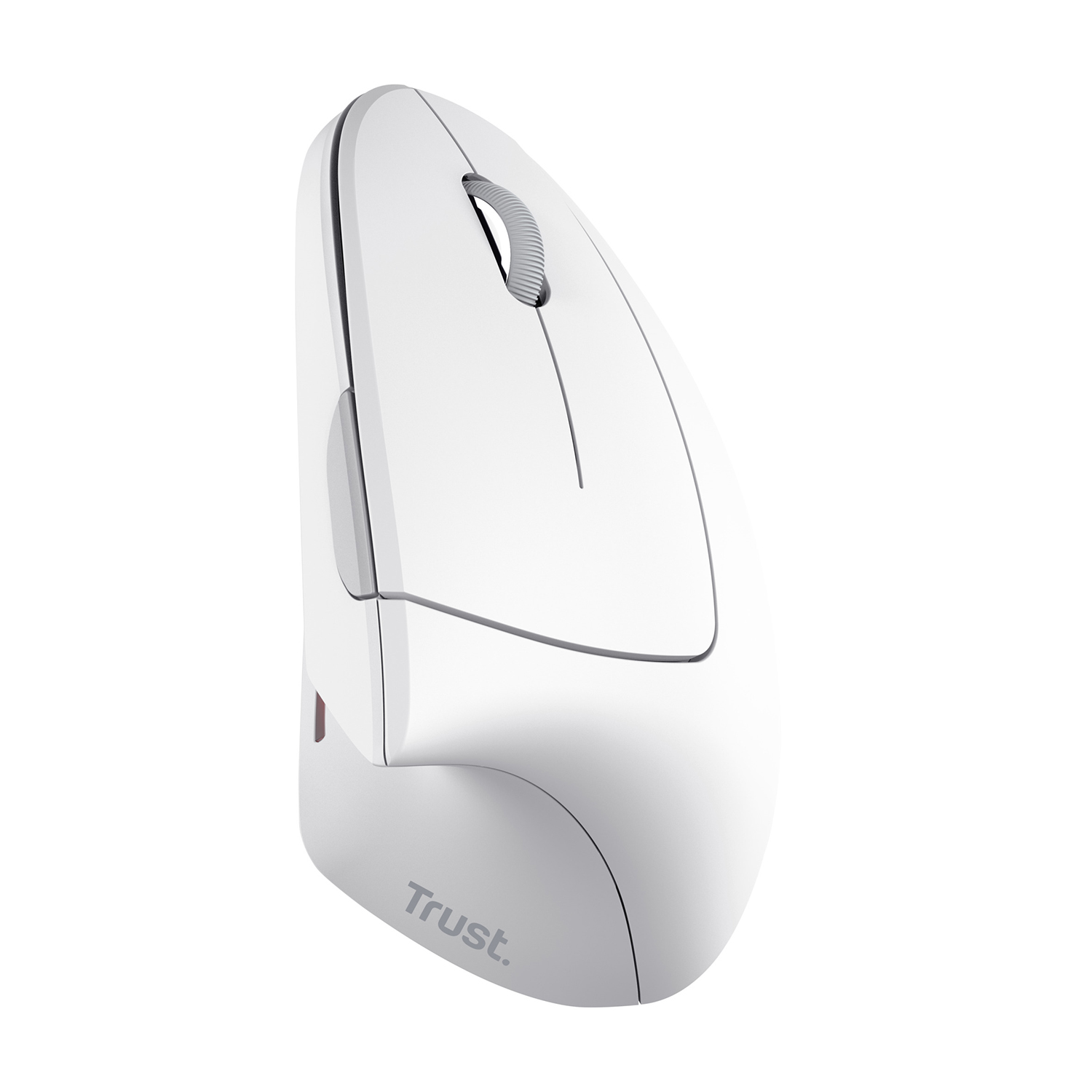 Mouse ergonomico bianco con design curvo, con il marchio "Trust" sulla base.