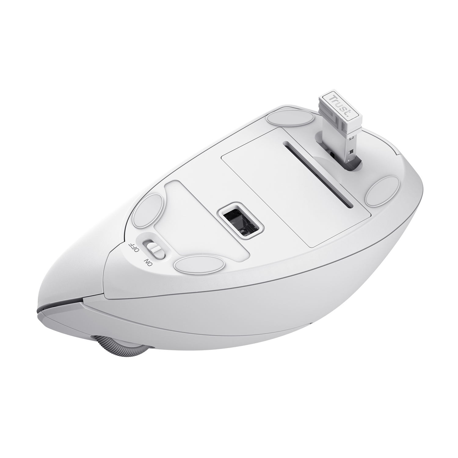 Mouse per computer bianco, vista inferiore, con interruttore on/off e ricevitore USB.