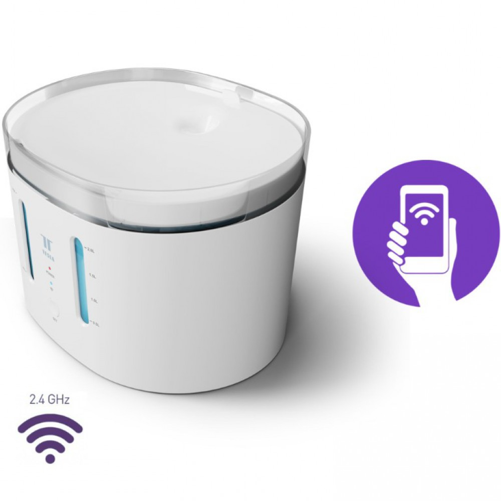 Fehér kisállat vízszökőkút, lila wifi ikonnal a jobb oldalon.