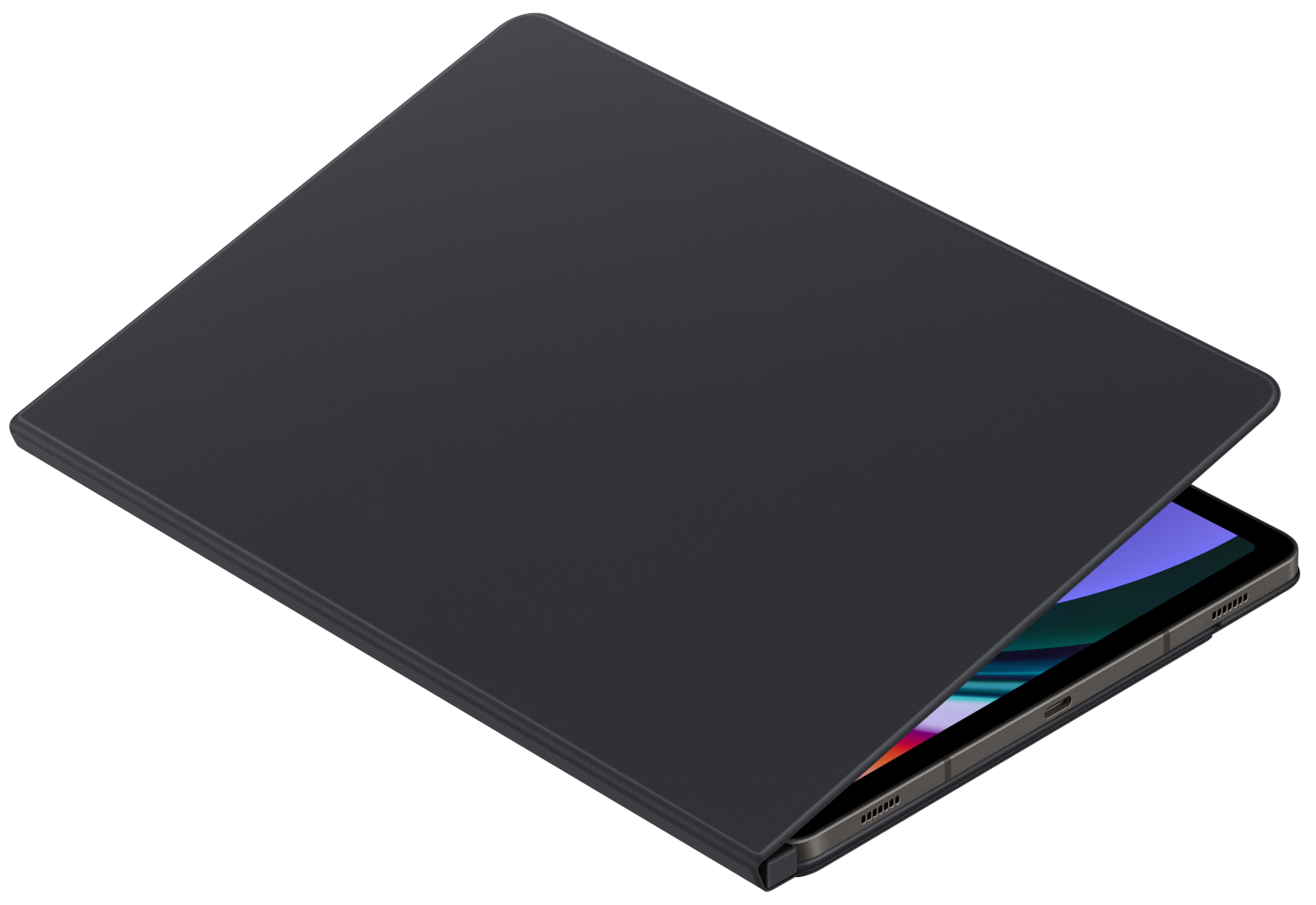 Fekete tablet fekete tokban, részben nyitva, mutatva a képernyőjét.