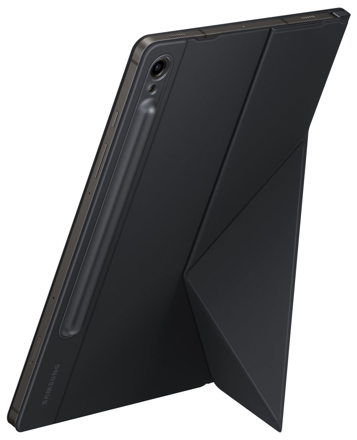 Fekete tablet fekete tokkal, felhajtva, felállítva, fehér háttérrel.