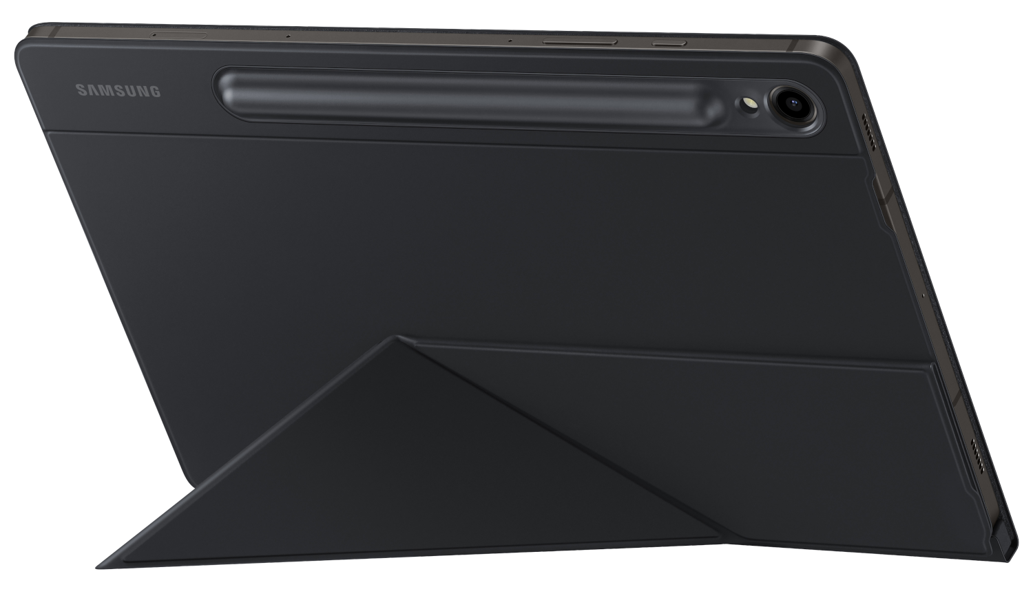 Fekete tablet hátulról fekete tokban, állvánnyal. Samsung logó látható.