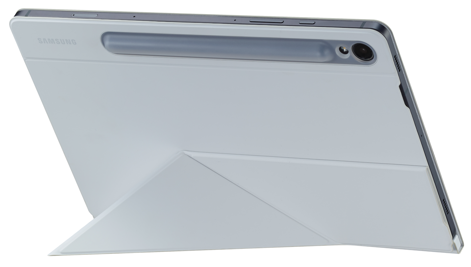 Fehér Samsung tablet állvánnyal fekete háttéren.