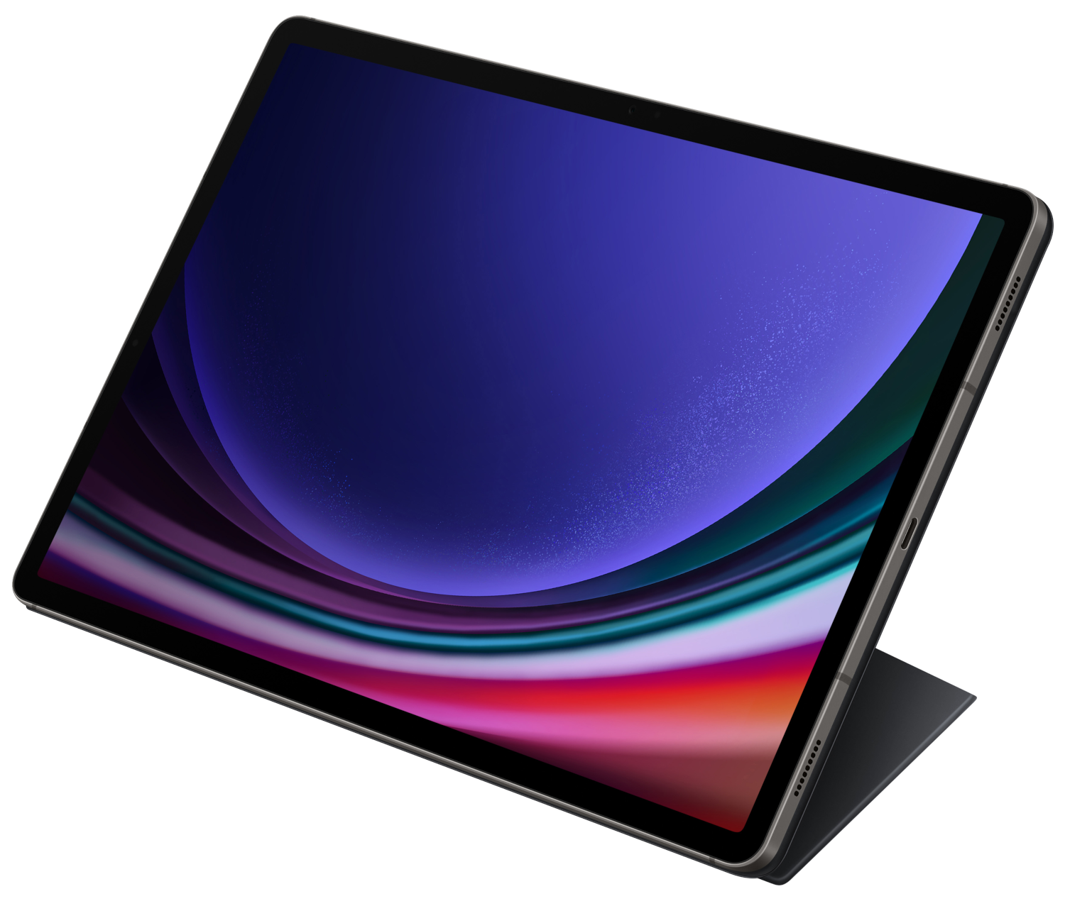 Tablet fekete borítással. A képernyő színes kijelzőt mutat. Fekete háttér.