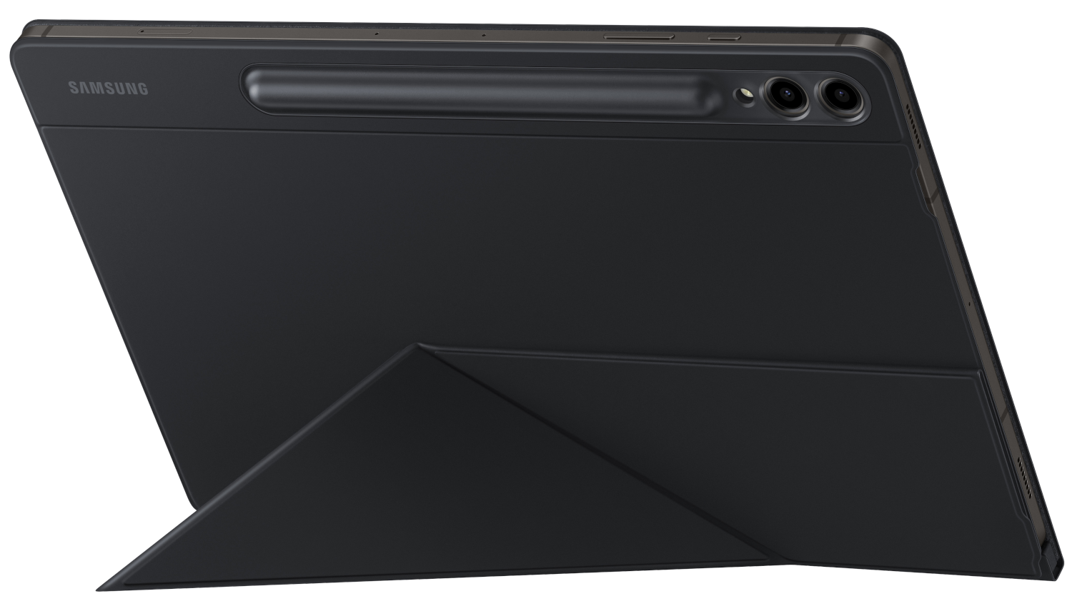 Fekete tablet összehajtott tokkal. A tok fel van támasztva. Toll és kamera felül.