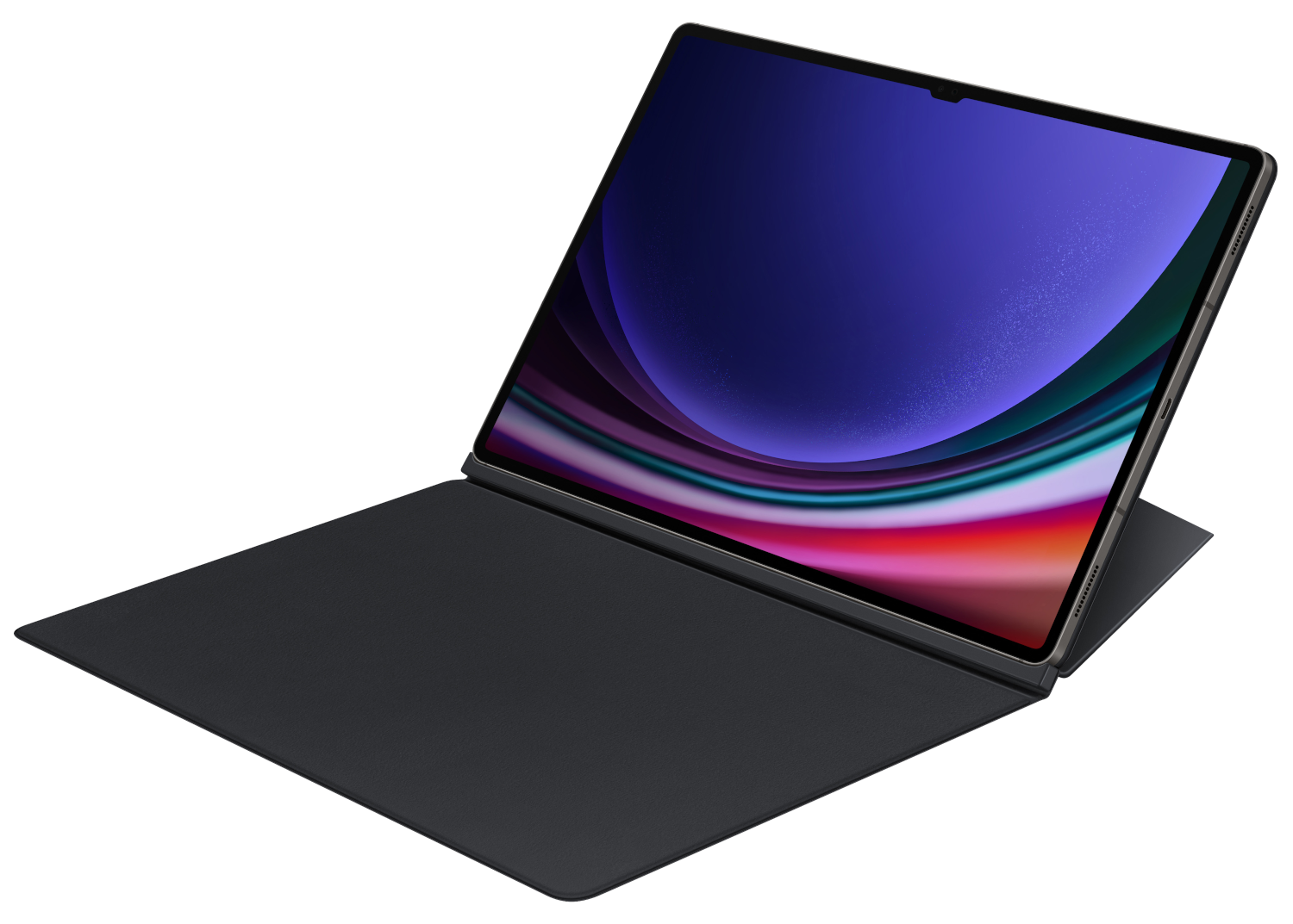 Tablet fekete tokkal és kék-lila képernyővel. A tok nyitva van.