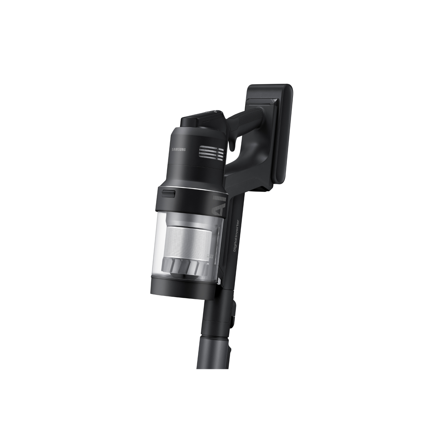 Black cordless vacuum cleaner on a white background, angled to show the design and shape.