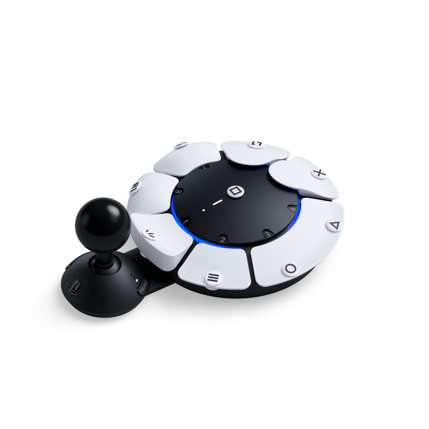 Cirkelvormige, wit en zwarte controller met knoppen en een joystick. Het is een gaming accessoire.
