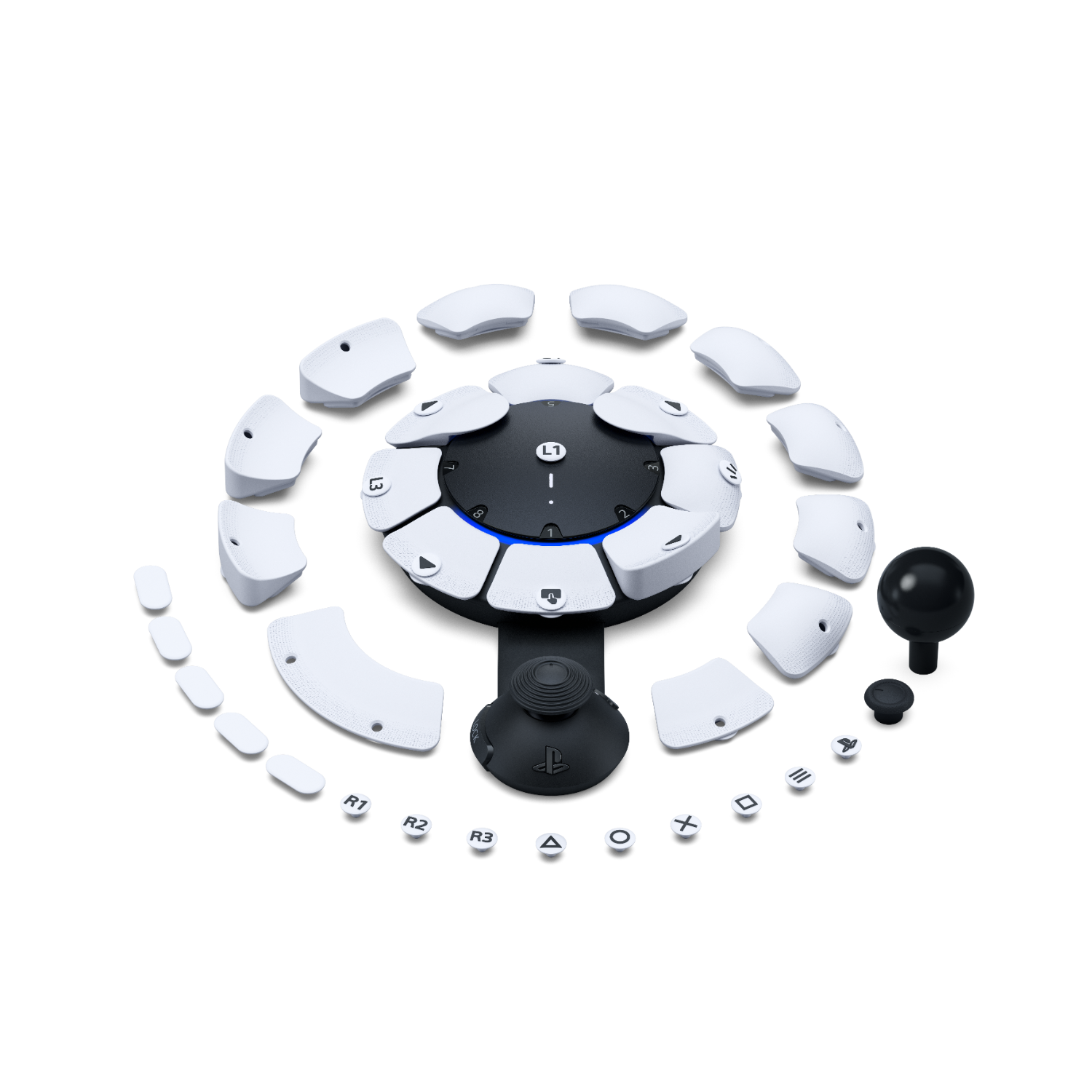 Een gamecontroller met een cirkelvormig ontwerp, omringd door knoppen, zwarte achtergrond.