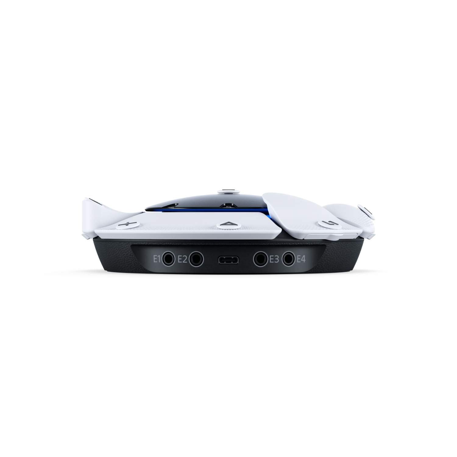 Witte PlayStation oplaadstation. Poorten en knoppen zichtbaar aan de onderkant.