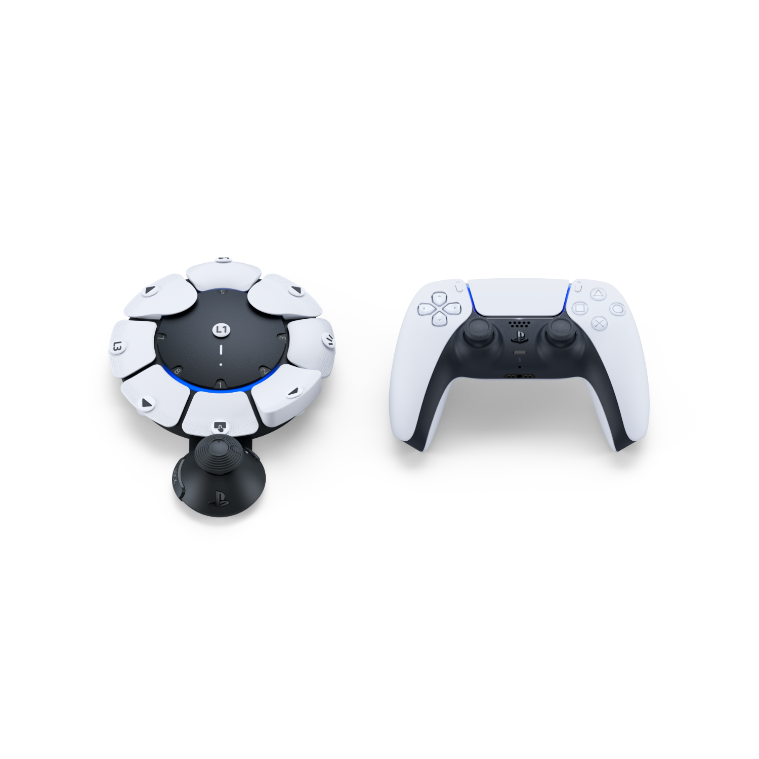 Gamecontroller en een cirkelvormige gamecontroller, beide tegen een zwarte achtergrond.