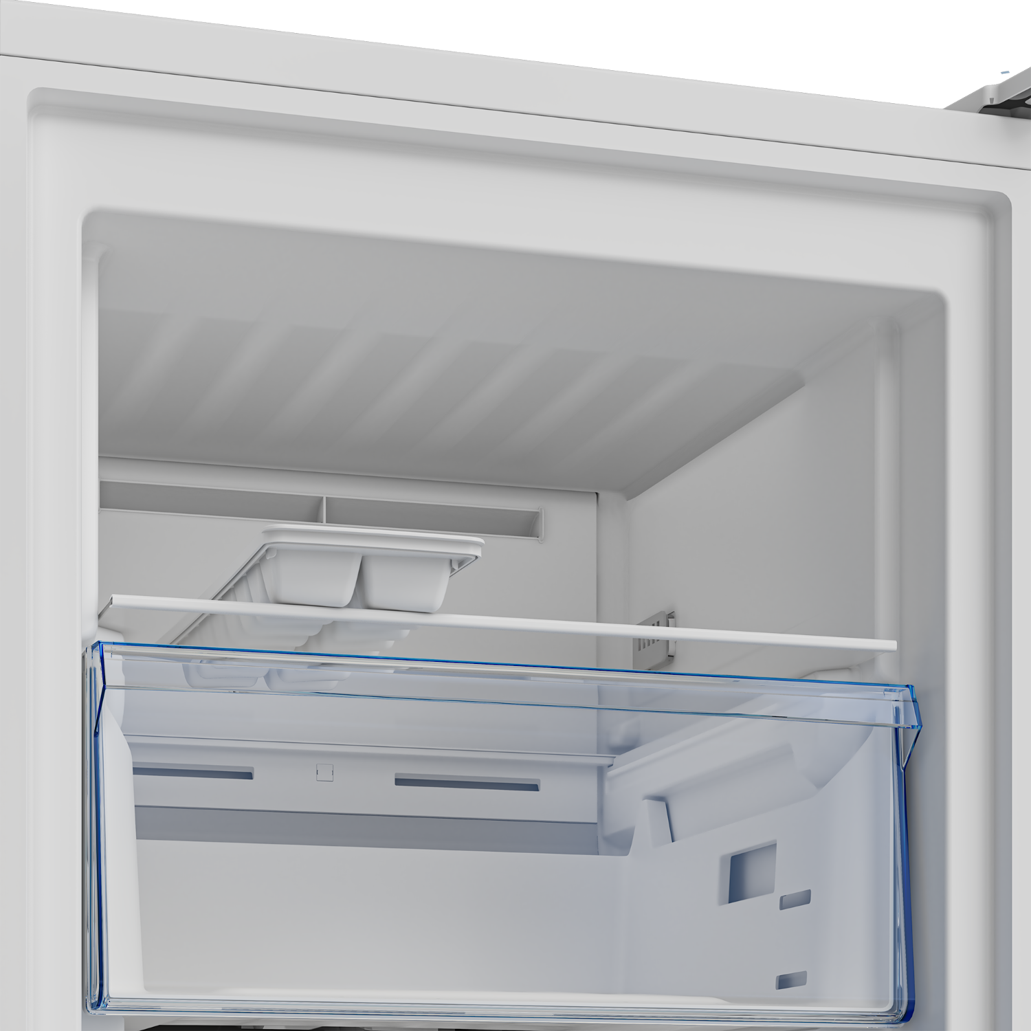 Intérieur d'un réfrigérateur blanc, montrant des étagères, des tiroirs et une boîte transparente.