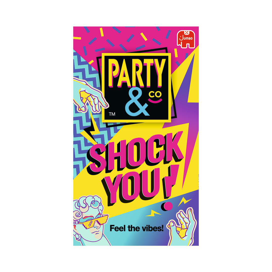 Party & Co Shock You! Spielbox mit farbenfrohem Grafikdesign und Händen mit Blitz.
