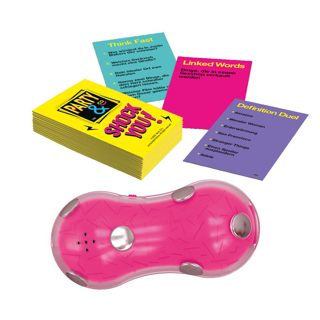 Spielkarten, rosa elektronisches Spiel und bunte Karten auf einer Oberfläche.