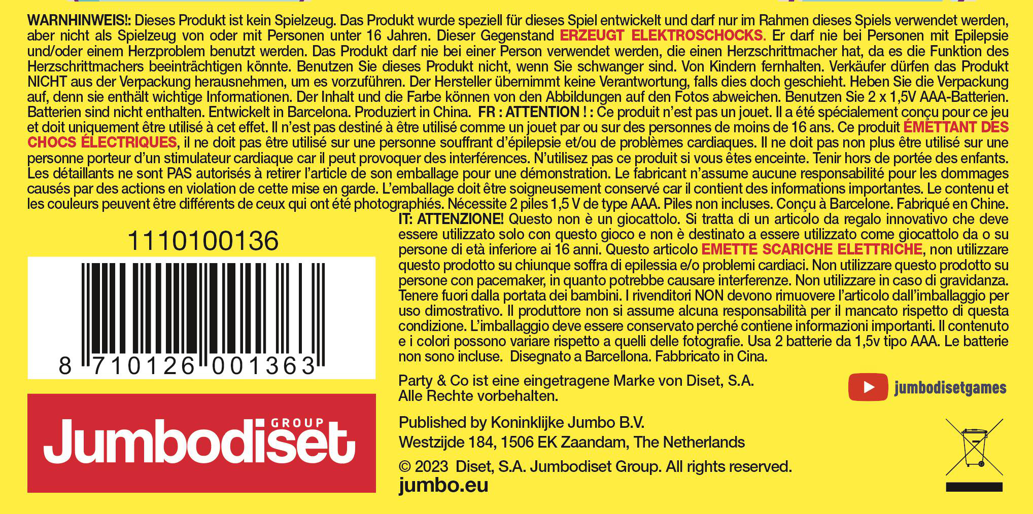 Warnhinweis auf einer Spielbox. Text ist in mehreren Sprachen.